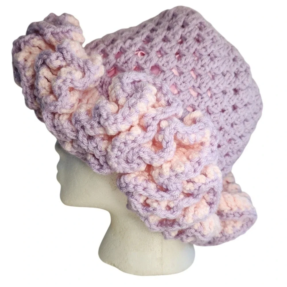 HANDMADE Crochet Ruffle Hat‎ Womens One Size Pink Purple Satin Lined Cap Bonnet